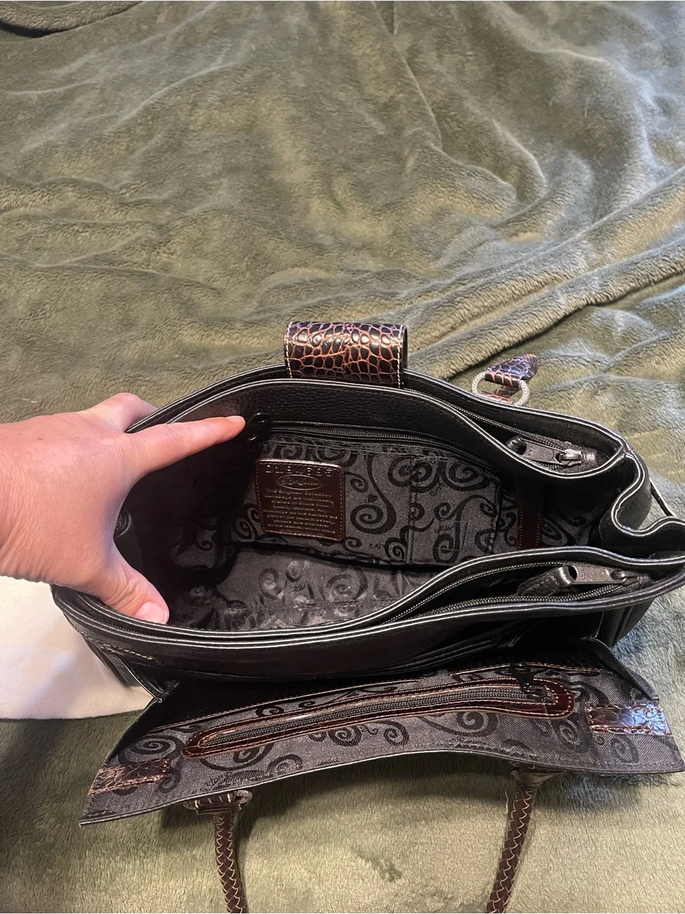 Vintage Black Leather Satchel Bag with Brown Accents